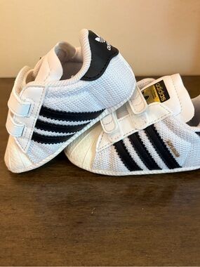 adidas baby White and Black Velcro Three-Stripe Sneakers